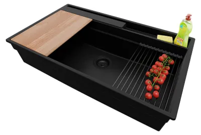 Produktbild von PRIMAGRAN Spülbecken Alles Schwarz 88x53cm, Granitspüle 1 Becken + Ablauf-Set + Küchenzubehörset, Küchenspüle ab 90er Unterschrank - Oslo Pocket