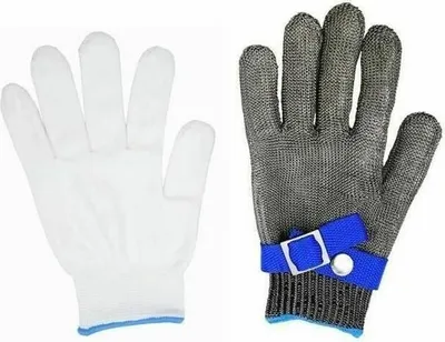 Produktbild von Metzgerhandschuhe aus hochleistungsfähigem Edelstahlgewebe, blau geschnitten, 5 Schutzstufen, Größe S