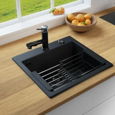 Produktbild von MIT KORB - Rein Schwarz LINDBERGH® Antibakterielle Granit Spüle "COL44" + "Korb" Einbauspüle Küchenspüle Spülbecken