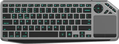 A top-down view of a wireless keyboard with a trackpad and navigation buttons.