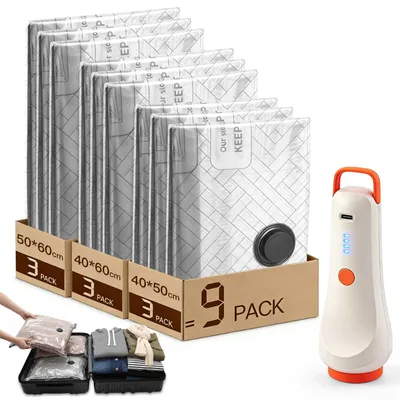 9er Set Reise-Vakuumbeutel mit kabelloser Pumpe, 3 Größen