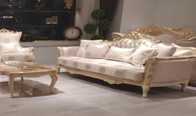 Produktbild von Klassischer Dreisitzer Sofa 3 Sitz Sofas Couch Stoff Stil Barock Möbel Rokoko