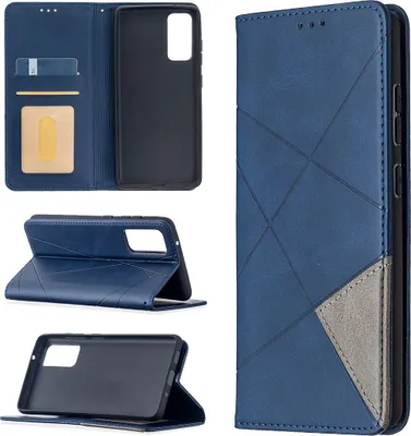 A collage of images showing a blue flip case for a Samsung Galaxy S20 FE phone from different angles, including its interior card slots and stand function.