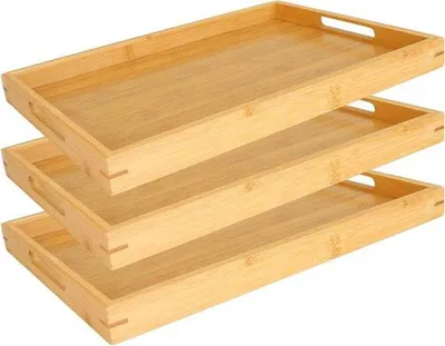 Image de Set de service en bambou, forme droite - 3 pièces - poignées - 35 x 25 x 3 cm - pour boissons, petit-déjeuner et accessoires de cuisine