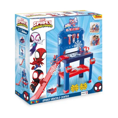 The image shows the packaging of a Spidey Bricolo Center toy workbench with a jump ramp, featuring Spidey and his Amazing Friends characters.