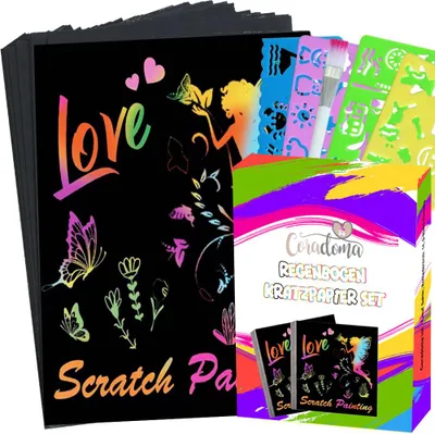 Produktbild von Regenbogen Kratzpapier Set – 50 Bögen Scratch Art, Magic Kratzbilder Bastelset für Kinder zum Malen, Basteln, Zeichnen, Scratch Book für Geburtstag