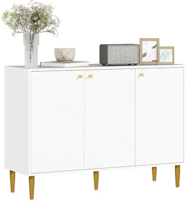 Image de HOMCOM Buffet, meuble de rangement, avec 2 placard, étagères ajustables, 3 portes à lignes sculptées, pieds dorés en acier, blanc