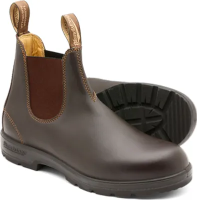 A pair of brown leather Blundstone boots.