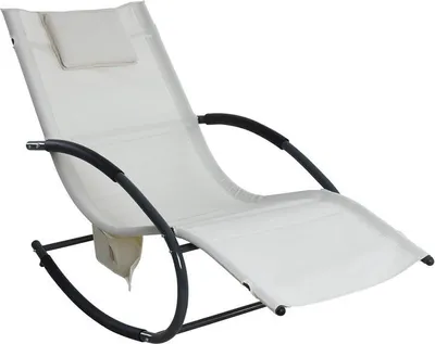 A beige rocking lounge chair with a gray metal frame and black armrests, shown against a white background.