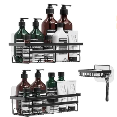 Image de Tablette de douche, sans perçage, inoxydable, suspendue, capacité de charge 10 kg, lot de 3, noir Inox, pour carrelage, verre, métal, plâtre & papier peint