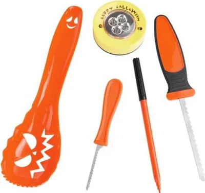 Produktbild von Halloween Kürbis Schnitzset Grusel Schnitz-Werkzeuge LED-Licht 6-teilig