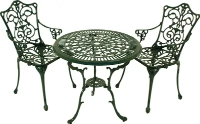Produktbild von DEGAMO Gartenset Sitzgruppe Bistroset Jugendstil 3-teilig, Nostalgie Look, 2x Sessel mit Armlehne und 1x Tisch rund 70cm, Aluguss dunkelgrün, wetterfest