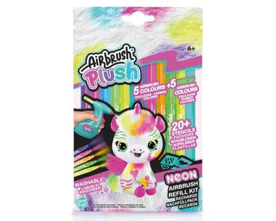 The image shows the packaging of an Airbrush Plush refill kit, featuring a unicorn toy and colorful markers.