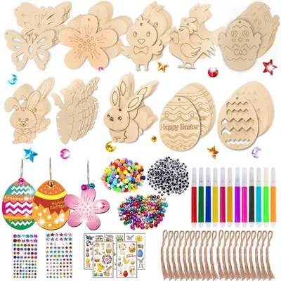 Image de Kit de bricolage pour Pâques, pour enfants, comprenant 289 pièces : pendentifs en bois à décorer, ficelle et stylos