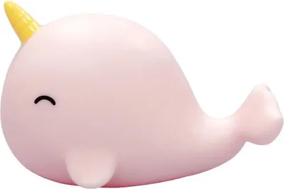 A pink narwhal-shaped night light with a yellow horn.