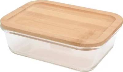 A glass container with a bamboo lid.