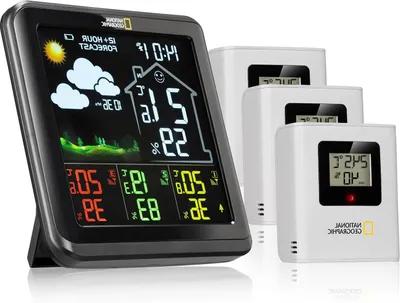 Produktbild von Kabelloses Wetterstation – Wettercomputer mit Außensensor – zur Messung von Wetterdaten – 4 Messstellen – Farbdisplay – 144 x 140 mm – Schwarz