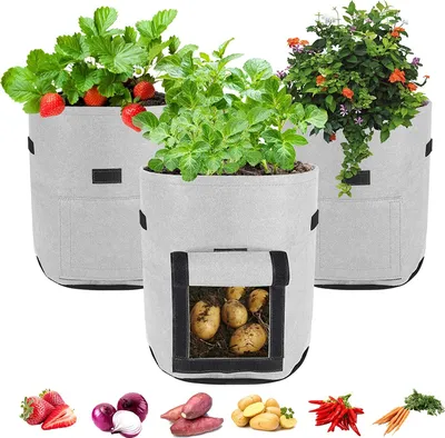 Produktbild von 3 Stück Pflanzsack Wiederverwendbar Kartoffelpflanzbeutel Tomaten Pflanzbeutel Langlebig Pflanzsack für Blumen Pflanzen Gemüse (7 Gallonen, Grau)