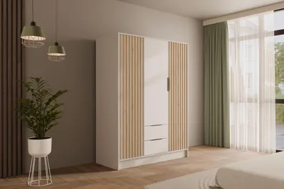 Produktbild von ALTDECOR Kleiderschrank mit selbstschließenden, Lamellentüren, Lamellen, Flügeltüren - NELIA - 150 cm Weiß / Artisan