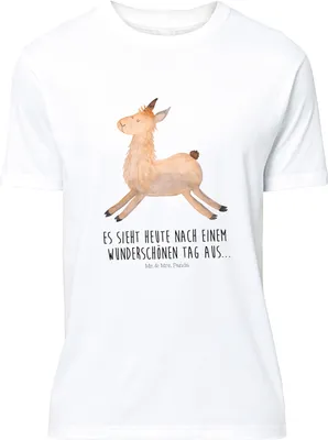 Produktbild von Mr. & Mrs. Panda Größe L T-Shirt Lama Springen - Weiß - Geschenk, Glück, Tshirt, Lamas, Guten Morgen, Start, mit Spruch, Shirt, Fröhlich