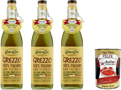 Produktbild von Costa d'oro il grezzo 100% italiano non filtrato olio extra vergine di oliva rohes 100% italienisches ungefiltertes natives Olivenöl extra 3x75ml+ Italian Gourmet Polpa di Pomodoro 400g
