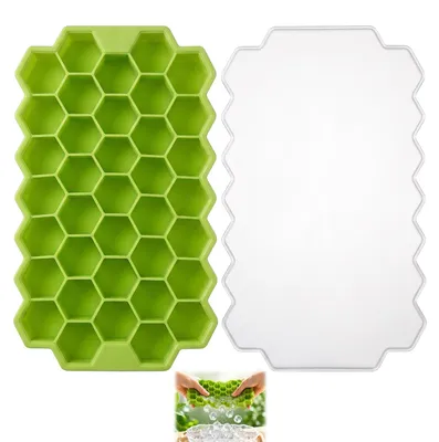 Produktbild von Silikon-Eiswürfelform mit Deckel – grüne Waffelstruktur, BPA-frei und stapelbar