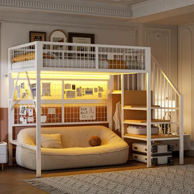 Productafbeelding van Hoogslaper 90x200 cm, zwart en wit. Metalen hoogslaper 90x200 met trap en opbergruimte, LED-lichtbalk. Bedframe voor de slaapkamer