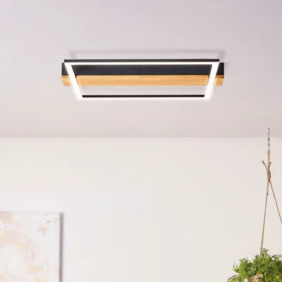 Produktbild von BRILLIANT moderne LED Deckenleuchte LONEOS | schwarze Deckenlampe mit Holz Details und 3-Step-Dimmer | 24W 3000 Lumen 3000 Kelvin | Metall/Holz/Kunststoff | 45x40 cm