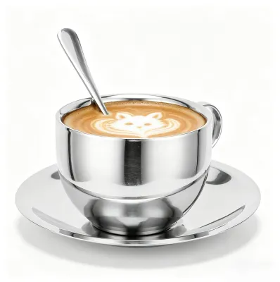 Image de Tasses à café en acier inoxydable à double paroi – Ensemble isotherme avec cuillère et soucoupe, idéal pour l'espresso et le cappuccino