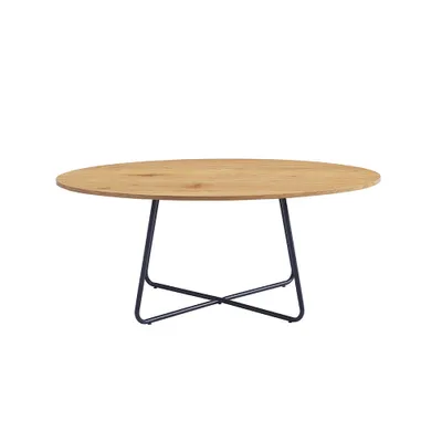 A wooden oval coffee table with a black metal base, isolated on a white background.