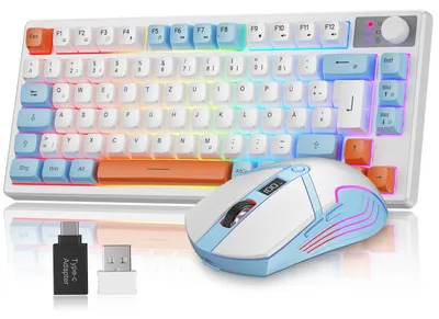 Produktbild von 75% Tastatur und Maus Set Kabelloses QWERTZ DE Layout Kompakte Gaming Tastatur mit Lautstärkeregler Wiederaufladbare RGB Maus mit Akkuanzeige Für PC Mac