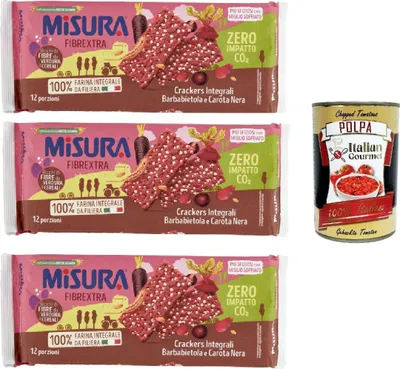 Produktbild von 3x Misura Crackers Integrali Vollkorncracker mit Roter Bete und schwarzer Karotte, 15% Ballaststoffe und 100% Vollkornmehl 385 g + Italian Gourmet polpa 400g