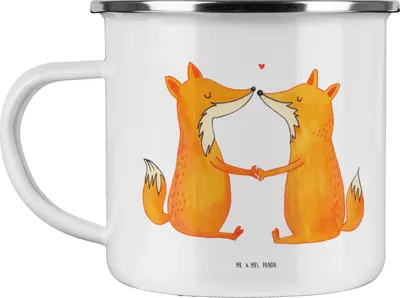 Produktbild von Mr. & Mrs. Panda Emaille Tasse Füchse Liebe - Weiß - Geschenk, Freundin, Fuchs, Haferl, Pott, Kaffeepott, Ehefrau, Campingtasse, Teetasse