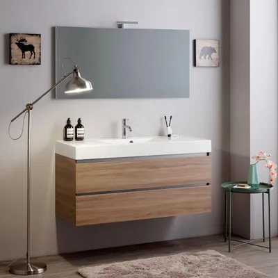 Immagine prodotto di Mobile bagno sospeso 120cm 2 cassetti rovere naturale, lavabo e specchio 120x60 | Valentina