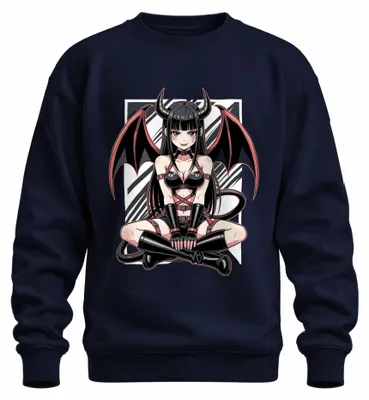 Obrázek produktu pro Mikina s kapucí, motiv: Sukubus, démon, anime, waifu, manga, gotický styl, Japonsko, styl Y2K, motiv "Ďáblice", tmavě modrá barva, velikost XL