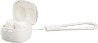 A pair of white wireless earbuds in an open charging case with a white strap attached.
