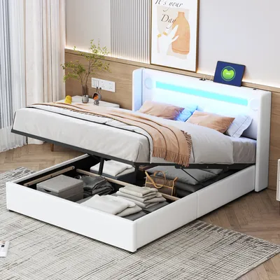 Obrázek produktu pro okwish LED Čalouněná postel 140x200 cm, Bluetooth přehrávač a USB nabíjení, úložná postel zPolyuretankůže, vysoké lůžko, manželská postel s bílým laťkovým roštem