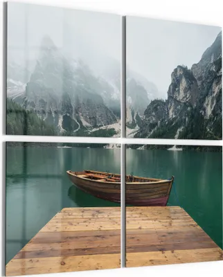 Produktbild von DEQORI Glasbild Echtglas 4x50x50 cm 'Bergsee und Bootsteg' Wandbilder XXL groß