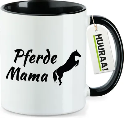 Produktbild von Huuraa Kaffeetasse Pferdemama Silhouette 330ml Schwarz Keramik Kaffeebecher Geschenkidee