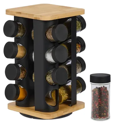 Immagine prodotto di TRANKIELO® - Porta spezie girevole per 16 vasetti - Acciaio inossidabile e bambù - 28x20x20 cm - Organizzatore da cucina nero/naturale