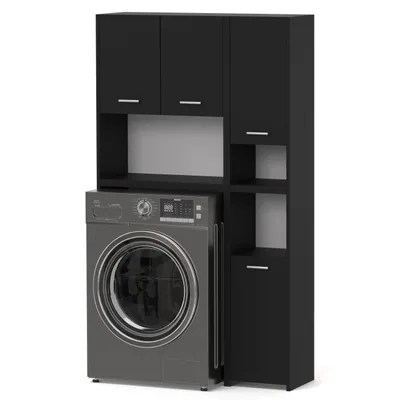 A black laundry cabinet set with a washing machine.