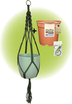 Produktbild von MePla - Set - Ampel Makramee Naturgrün - Basel ø19 Lindgrün + Kulturtopf ø18 + Beipack-Set 21550-001