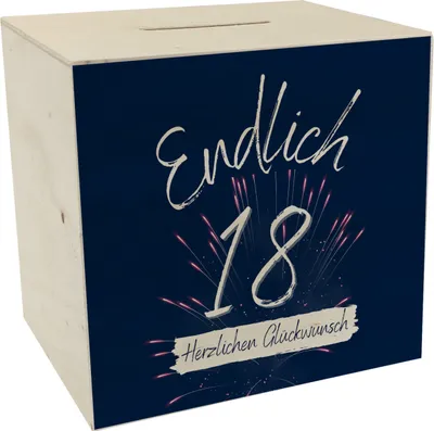 Produktbild von Endlich 18 Spardose aus Holz mit Spruch Herzlichen Glückwunsch