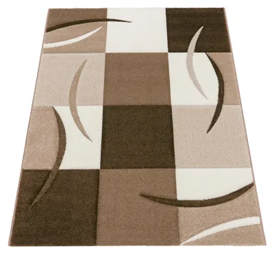 Produktbild von Designer Teppich mit Konturenschnitt Karo Muster Braun Beige Grösse 80x300 cm