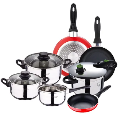 5-teiliges Kochgeschirr-Set: Edelstahl, 3 Pfannen, Schnellkochtopf 22 cm