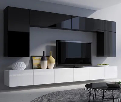 Produktbild von Moderne Wohnwand CALABRINI-13 Wohnzimmer-Set Hängewohnwand Schrankwand Hochglanz TV-Schrank Anbauwand (Schwarz / Weiß)