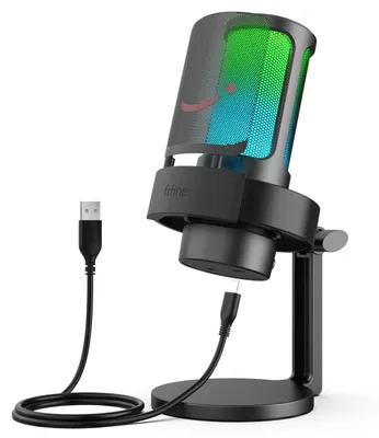 Obrázok produktu pre USB mikrofón – model A8, stolný mikrofón – určený na nahrávanie a streamovanie na počítačoch PC a Mac – kardioidná charakteristika – výstup pre slúchadlá – dotykové ovládanie vypnutia zvuku – 3 režimy RGB podsvietenia – čierna farba