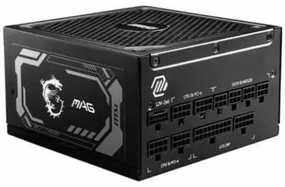 Zdjęcie produktu dla MSI MAG A1250GL PCIE5, 1250 W, 100 - 240 V, 50/60 Hz, Aktywne, 90%, Nadprądowe, Zabezpieczenie przeciążeniowe, Over total voltage, Ochrona przez zbyt wysokim...