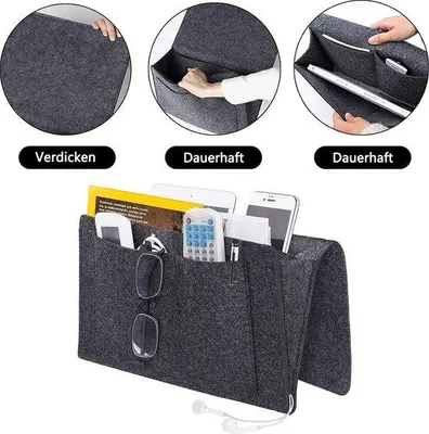Produktbild von Nachttischorganizer, antislip, mit 5 tiefen Fächern für Bücher, Zeitschriften, Tablet, Handy, Fernbedienung, Schwarz