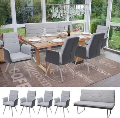 Obrázek produktu pro Sada 4x jídelní židle + lavice HWC-G54, lavice kuchyňská židle s područkou, látka/Imitace kůže nerezová ocel  šedá lavice 160cm